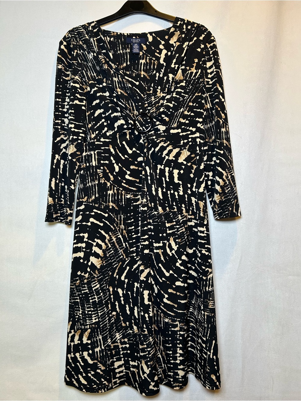 Chaps Black & Tan Abstract Print Long Sleeve V-neck Dress. Size S